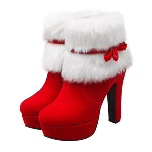 Christmas Winter High Heel Plush Ankle Boots - Red
