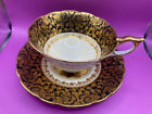 Tasse à thé et soucoupe vintage Royal Stafford noir mat or lourd floral