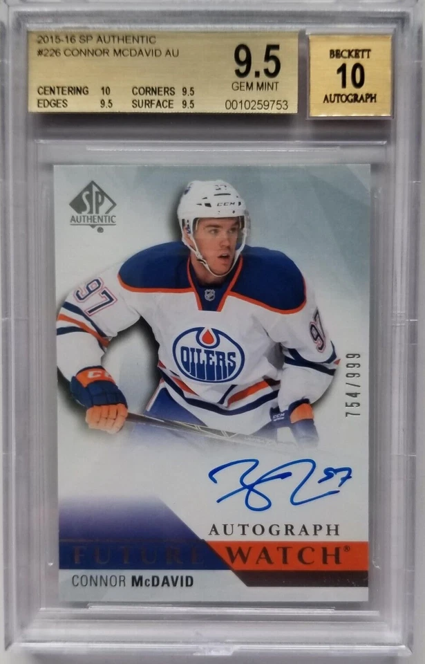 2015-16 Authentic Future Watch #226 Connor McDavid RC Auto /999 BGS 9.5 GEM MINT - Image 1 of 4