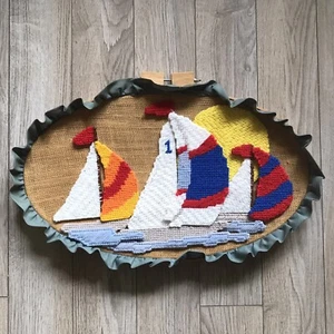 Vintage Crewel Yarn Embroidery Sailboat Wall Art Complete 21 x 12 Oval Boat Sun - Picture 1 of 8