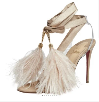 Christian Louboutin Marie Edwina 100 Cinta Pluma Avestruz Desnudo 38.5 Stiletto Foto 1 de 4