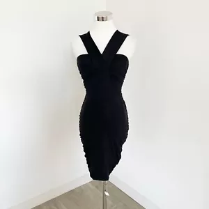 Kookai Dress Size 1 AU 10 Black Ruched Sleeveless Bodycon V-Neck Strap LBD - Picture 1 of 9