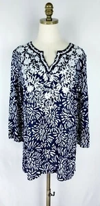 Charter Club Tunic Womens Size M Blue White Nautical Floral Embroidered Sheer - Picture 1 of 6