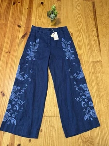 NWT Johnny Was Oleander Wide Leg Pant Size 2 Blue Embroidered Linen Cropped $248 - Picture 1 of 16