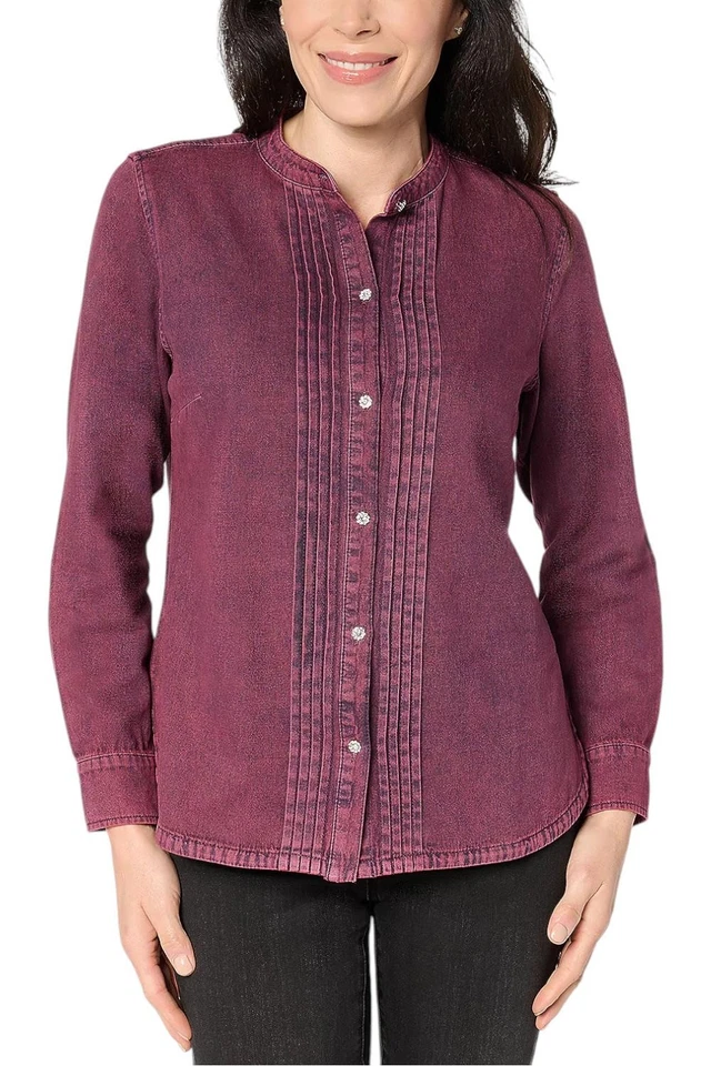 Camisa Denim Joan Rivers Indigo Lavado con Botones de Estrás Lavado Merlot Foto 1 de 1