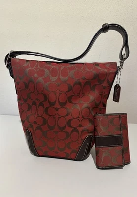 Vtg Coach Signature 6076 Tote Shoulder Handbag Purse Red Logo Bag With Wallet - Image 1 of 4