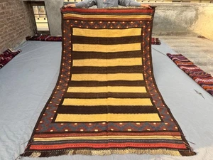 Vintage Afghan Hand-Woven Kilim Rug - Bold Stripes Geometric Accent Outdoor Rug - Picture 1 of 12