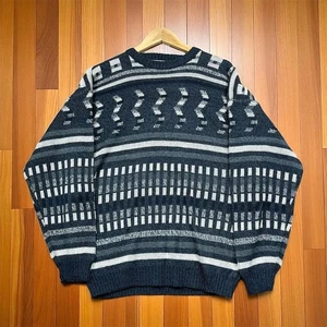Vintage Michael Gerald XL Blue Knit Geometric Grandpa Sweater - Picture 1 of 12