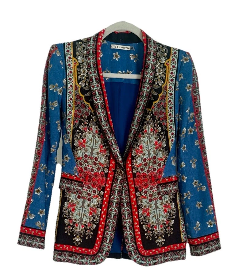 Alice + Olivia Macey Daffodil Palace Floral Linen Blazer Sz 2 - Image 1 of 4