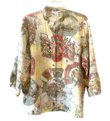 CITRON SANTA MONICA Size XL Linen Button-Up 3/4 Sleeve Asian Print Tunic Top - Image 1 of 4
