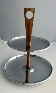 Vintage MCM Chrome Kromex 2 Tier Teak Handle Serving Tray for Appetizers Dessert - Picture 1 of 10