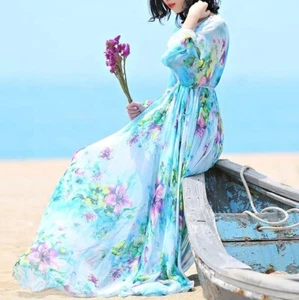 Maya Antonia Chiffon Maxi Dress, Blue Watercolor Floral Long Sleeves/Boho/Summer - Picture 1 of 8
