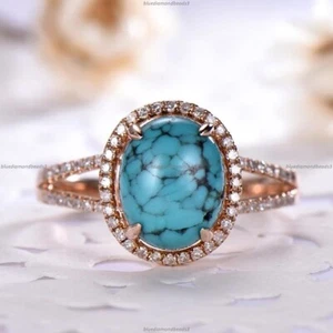 Turquoise Diamond Wedding Statement Anniversary Ring For Girls 14k Rose Gold - Picture 1 of 7