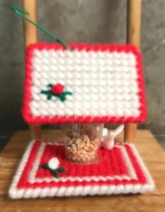 Vintage Needlepoint Bird Feeder Ornament  Red & White with Plastic Bird - Picture 1 of 8