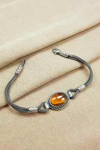 Hand Knitted 1000 Carat Silver Bracelet, Tiger Eye Stone Silver Bracelet - Picture 1 of 4