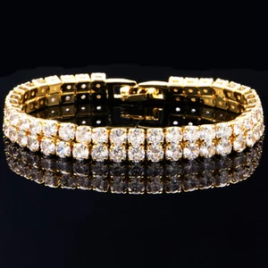 4MM Double Tier Shinny White Topaz Gemstone Yellow Gold Women Bracelets NEW - Picture 1 of 6