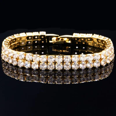 4MM Double Tier Shinny White Topaz Gemstone Yellow Gold Women Bracelets NEW - Image 1 of 4