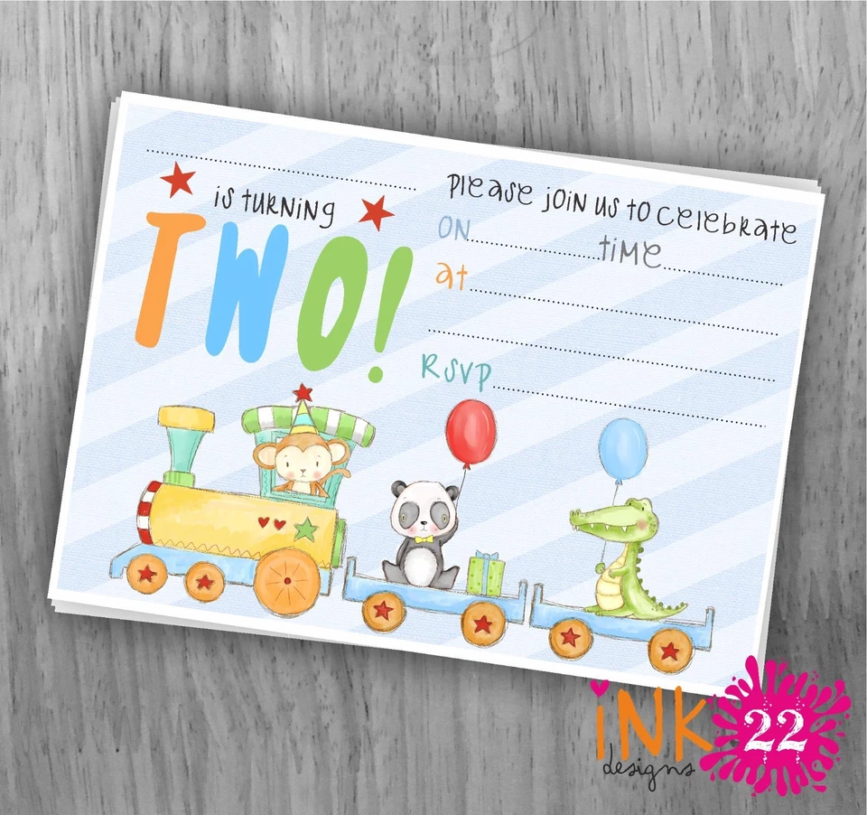 Pacote de convites fofos para meninos e crianças 'Trem zoológico' segunda festa de 2º aniversário x10  - Imagem 1 de 1