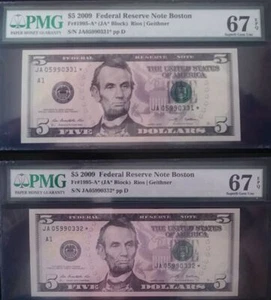 MALACK $5.00 2009 PMG 67 EPQ Star note. Consecutive ..MORE.. pm0075 - Picture 1 of 1