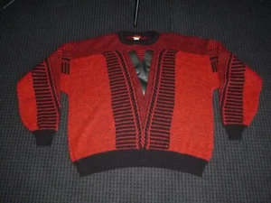 Vtg 80s Sergio Valente Acrylic Sweater Faux Leather Accents Red Black Sz 1X - Picture 1 of 6