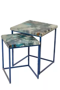 Blue Epoxy Resin Nesting Table Set of 2 - Picture 1 of 4