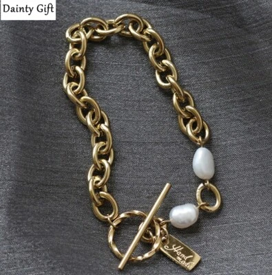 Women Girl Titanium Stainless Steel Baroque Pearl Gold Chain Bracelet 6.5" - Image 1 of 4