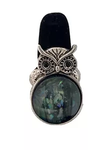 Owl Silver Tone Stretchable Ring with Green Black Stone Black Eyes 1.2" - Picture 1 of 12