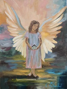 Angel Original Oil Painting Christmas Winter Hand Painted Art on Canvas 12x8 in - Picture 1 of 7