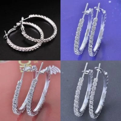 Pretty New Silver White Gold Plated Crystal CZ 1.25" Round Hoop Earrings - Image 1 of 4