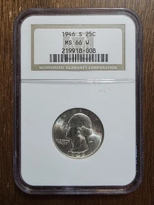 Rare NGC "W" Label 1946-S NGC MS66 W Washington Silver Quarter 25c Blast White - Afbeelding 1 van 4