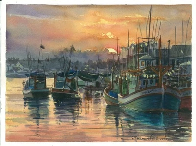 pintura original 30 x 40 cm 158KzS obra de arte acuarela paisaje moderno muelle Foto 1 de 3