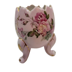 Vintage Pink Gold Footed Porcelain Cracked Egg Vase Hand Painted Roses - Picture 1 of 7