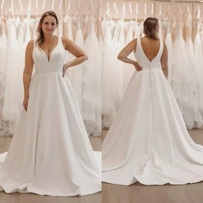 Elegantes Vestidos de Novia Satén Línea A Cuello en V Espalda Sin Espalda Playa Vestidos de Novia Tren Foto 1 de 3
