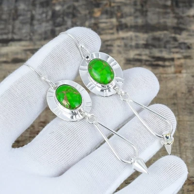Natural Green Copper Turquoise Gemstone 925 Sterling Silver Jewelry Earring Gift - Image 1 of 4
