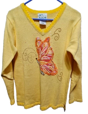 Quacker Factory ♈Woman's Embellished Sweater size S~Yellow/pink butterfly - Image 1 of 3