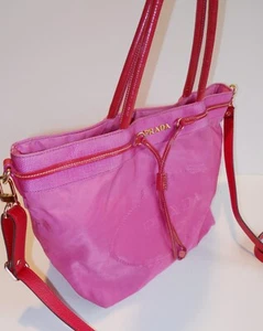 AUTH PRADA WOMEN'S MAGENTA NYLON/RED PATENT LEATHER 2-WAY TOTE-SHOULDER BAG-RARE - Picture 1 of 13