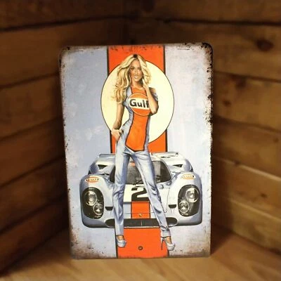 SIGNS FOR MANKIND Gulf Girl with Porsche Garage Mancave PInup Metal Poster Sign