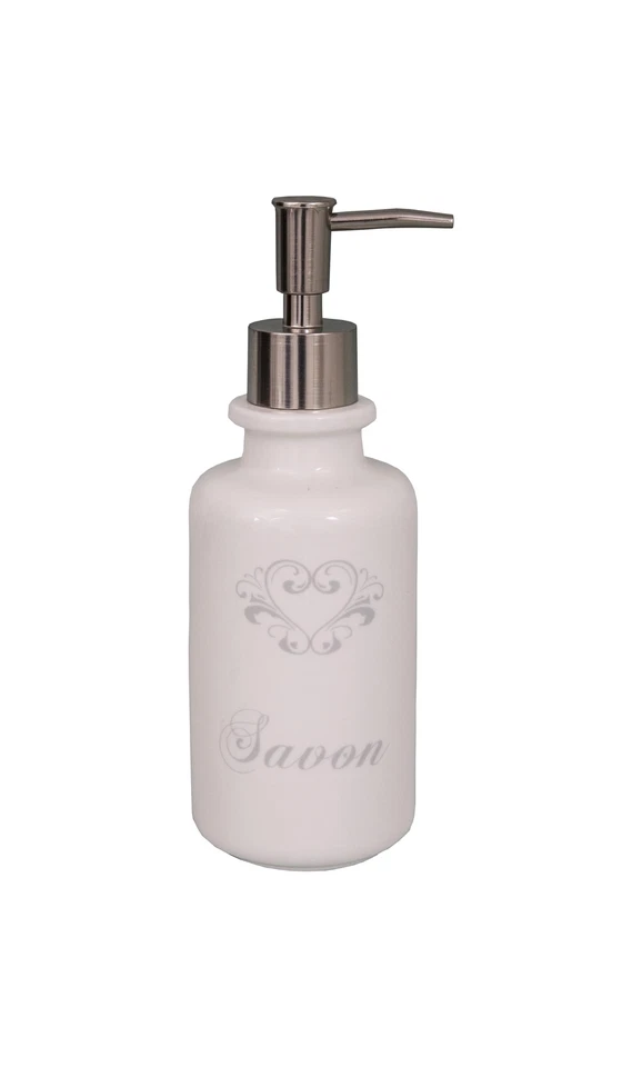 White Porcelain Soap Savon Freestanding Pump Dispenser Heart Print French Style - Image 1 of 1