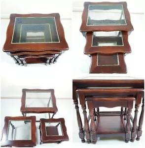 Antique Wooden Nest of Tables with Glass Tops (Super Rare) - Picture 1 of 12