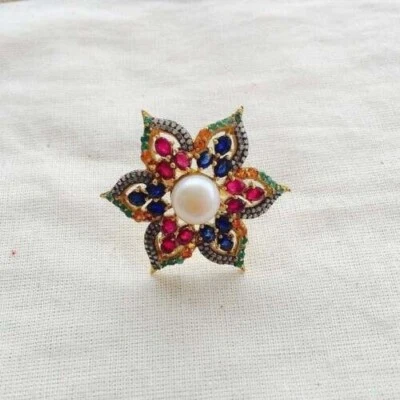 925 Sterling Silver Ring Studded Natural Em , Rub , Sapp , Pear&Pave Diamond - Image 1 of 4