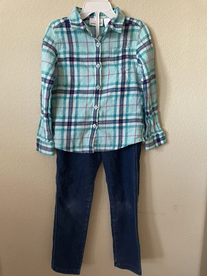 Lote de 2 Pantalones Top Con Botones Manga Larga Cuello Cuadros Niñas Tema Vaquera Talla 5 Foto 1 de 4