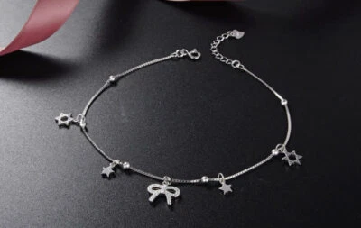 B22 Braccialetto Cavigliera Ciondolo Fiocco Stella Stellina Argento Sterling 925 - Immagine 1 di 4