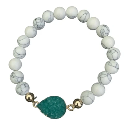 Teal Blue Stone Bracelet - Faux Drusy Druzy Quartz, Howlite Beads- Stretch NEW - Image 1 of 4