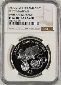IRELAND 1 Punt/Pound 1995 Silver NGC PF69 UC 50th Anniversary United Nations - Picture 1 of 2