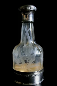 RARE ANTIQUE ART NOUVEAU 3 CHAMBER DECANTER WITH SILVER BASE AND TOP - Picture 1 of 7