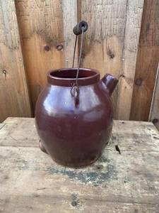 Antique Stoneware Batter Jug  Wire Two Handle Spout Farmhouse Primitive Crock - Picture 1 of 8