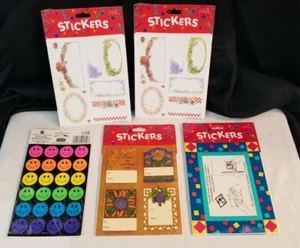 5 Pack Vintage Sticker Lot - Neon Smiley Face, Photo Frame, Gift Tags, Floral - Picture 1 of 5