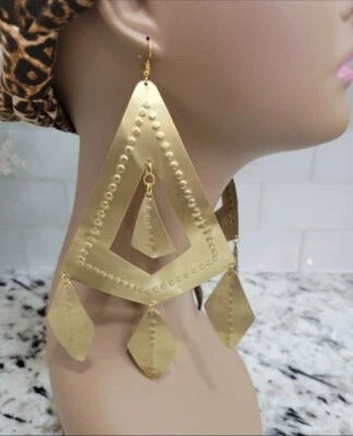 Oversized Hand Studded Matted Brass Metal Statement Chandelier Earrings - Image 1 of 4
