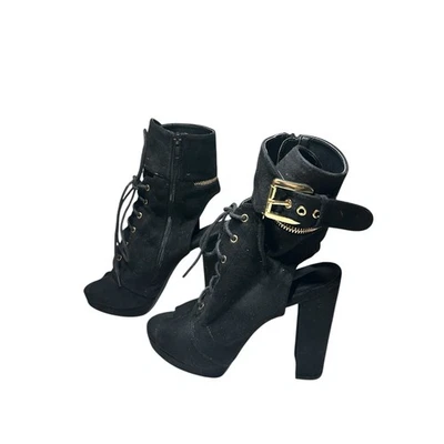 Olivia Jaymes Botines Negros con Cordones Peep Toe Tacones con Detalle de Hebilla Dorada Talla 9 Foto 1 de 4