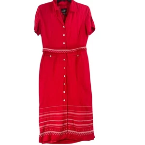 Positive Attitude Dress Womens 14 Red Linen Blend Button Front Midi Dress - Picture 1 of 15